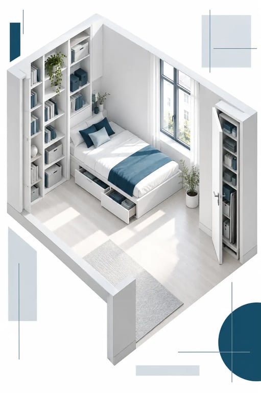 Décors studio avec rangement vertical et mobilier compact