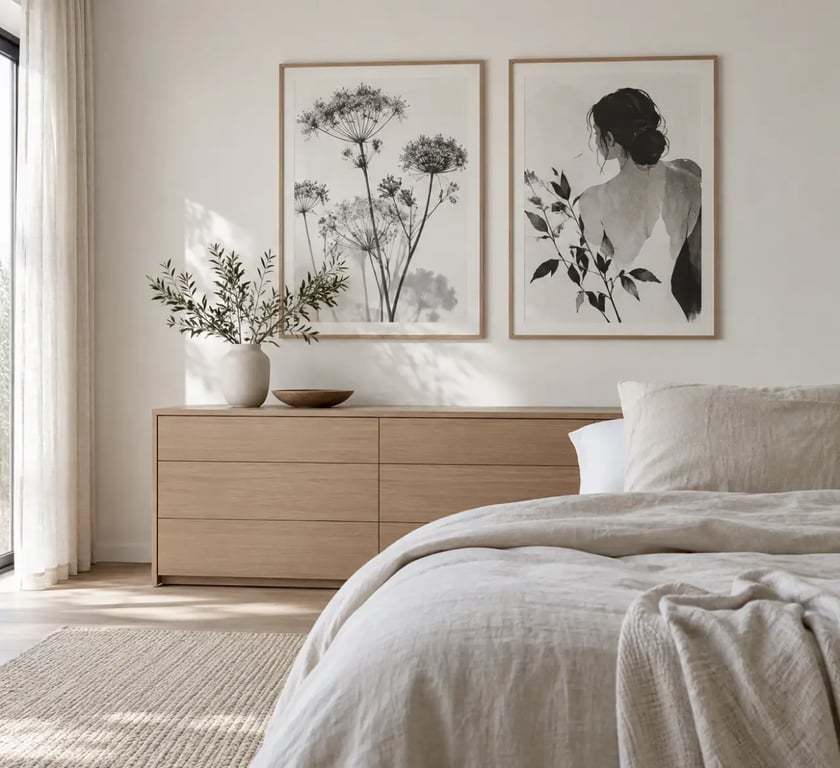 Affiches noires et blanches aux tons doux dans une chambre scandinave