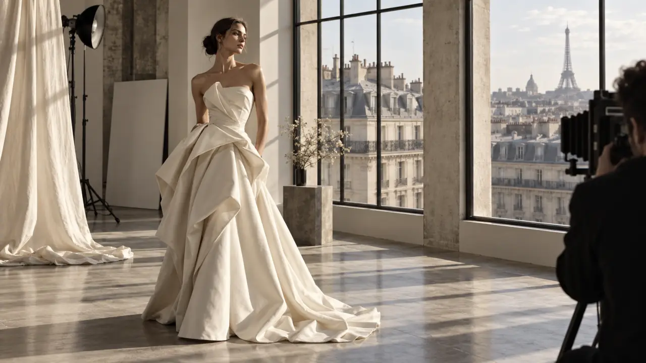 Shooting couture à Paris, portrait mode en lumière contrastée