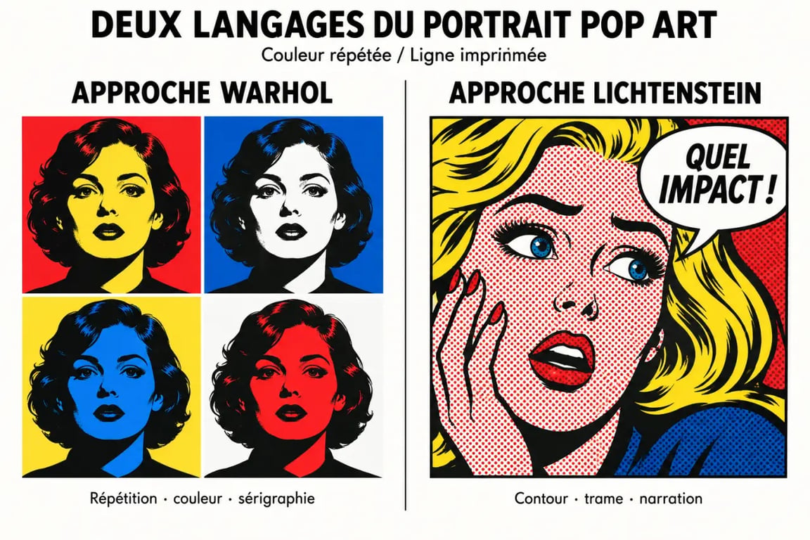 Comparaison de deux styles de portrait Pop Art inspirés de Warhol et Lichtenstein