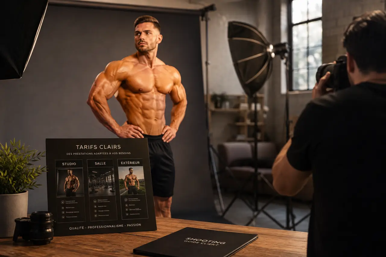 Studio, salle ou extérieur : photographe musculation, lumière sculptante et tarifs clairs