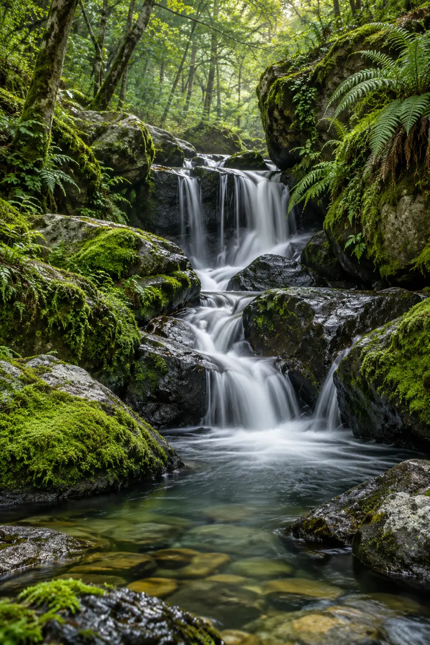 Photo cascades d’une chute forestière en pose longue parmi les fougères