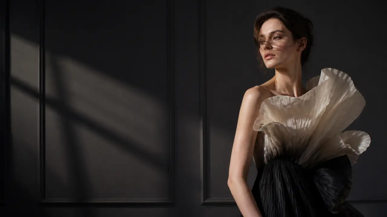 Portrait haute couture en noir et blanc avec ombres contrastées