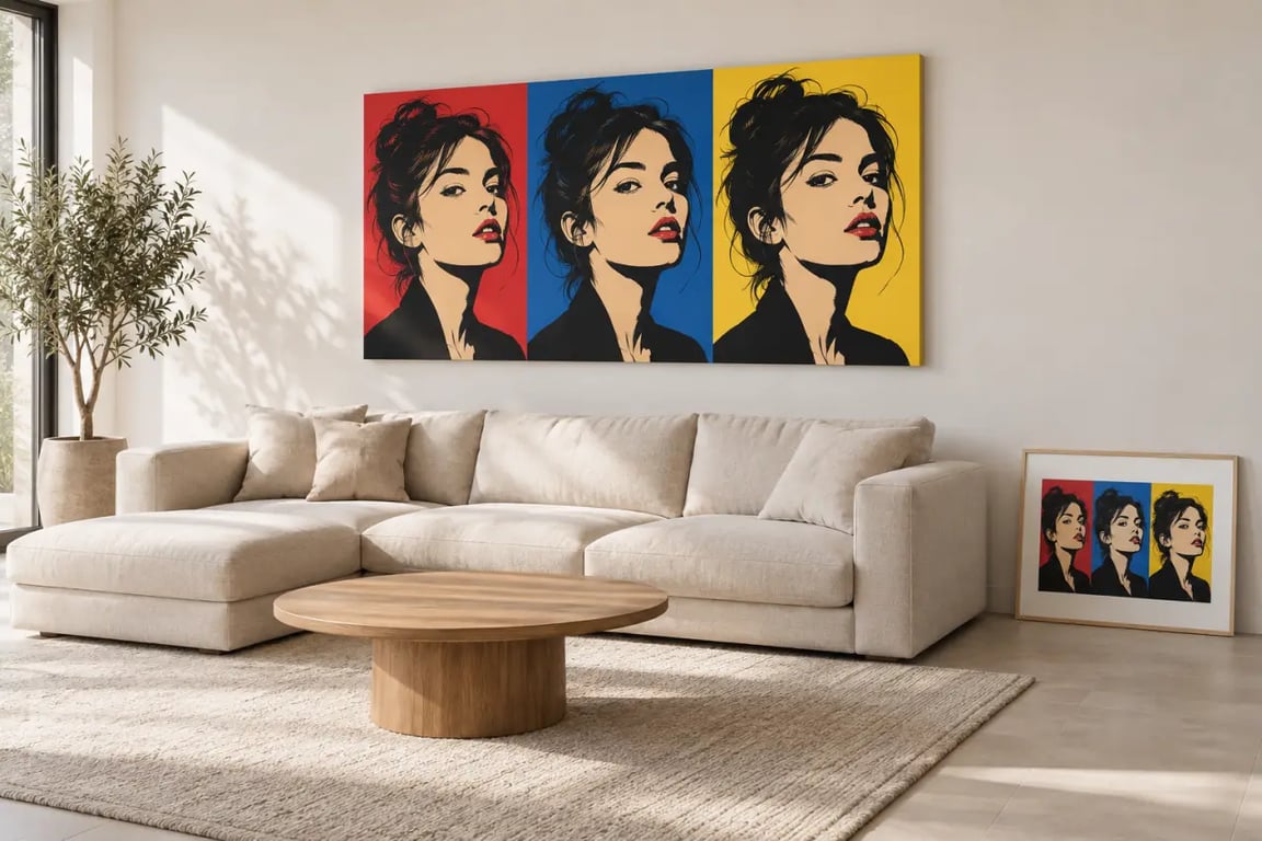 Portrait Pop Art personnalisé en trois cases dans une décoration de salon contemporain