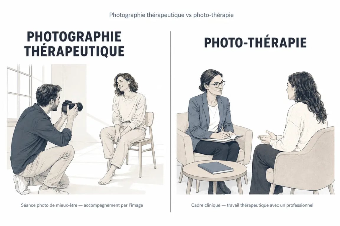 Photographie thérapeutique comparée à la photo-thérapie dans une illustration éditoriale