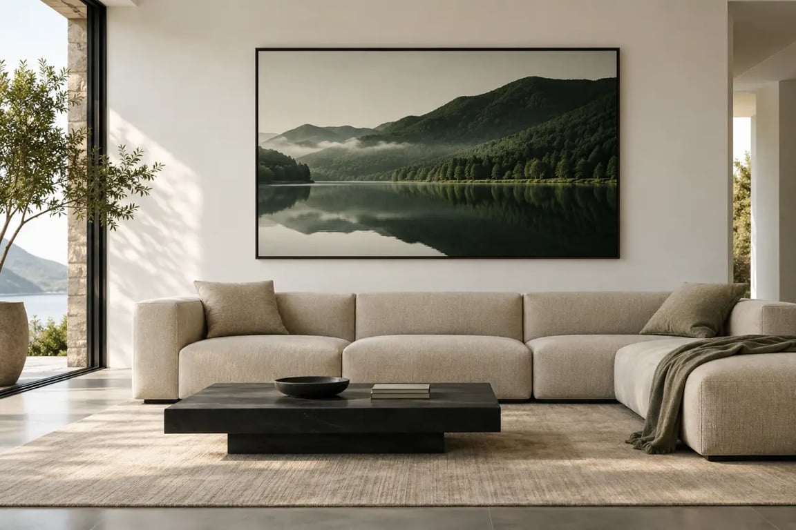 Tableau photographie de paysage au-dessus d’un canapé dans un salon contemporain