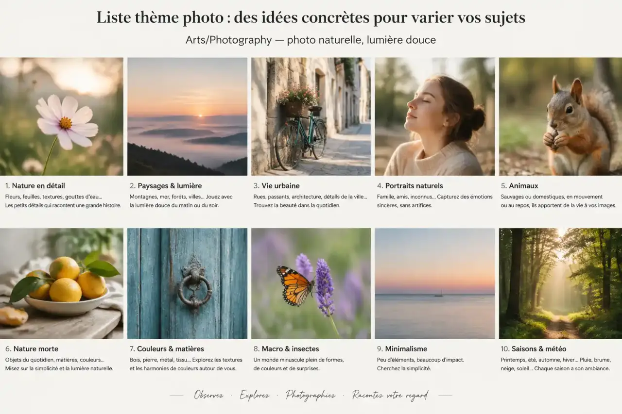 Liste thème photo : des idées concrètes pour varier vos sujets