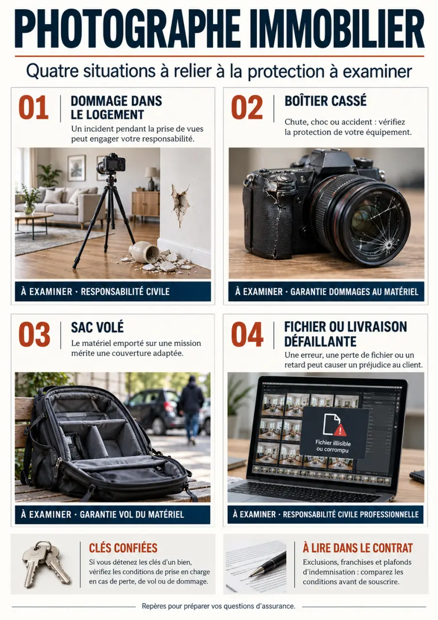 Infographie sur l’assurance photographe immobilier et les garanties selon les risques