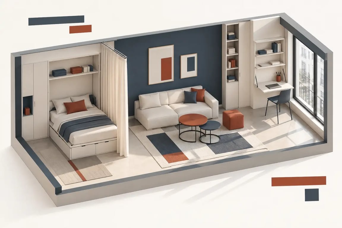 Décors studio avec coin nuit, salon et bureau séparés sans cloison