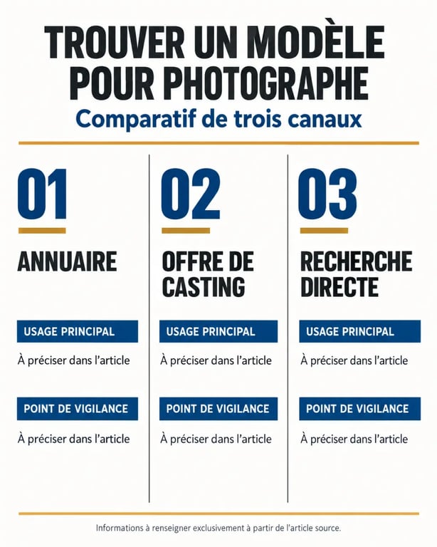 Infographie des solutions pour trouver un modèle pour photographe : annuaire, casting ou recherche directe
