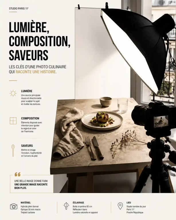 Studio de formation photographe culinaire professionnel à Paris avec éclairage et stylisme en cours d'installation