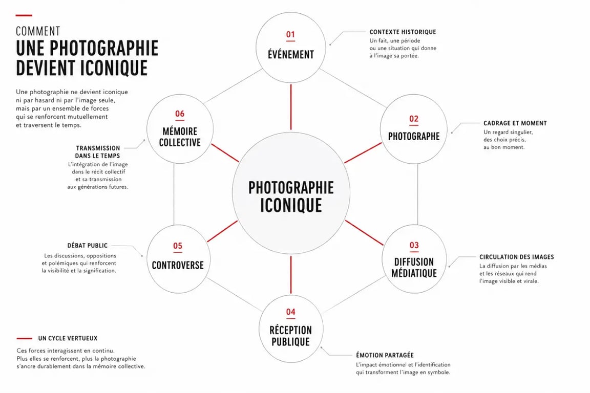 Photographie iconique expliquée par un schéma visuel des facteurs de reconnaissance et de diffusion