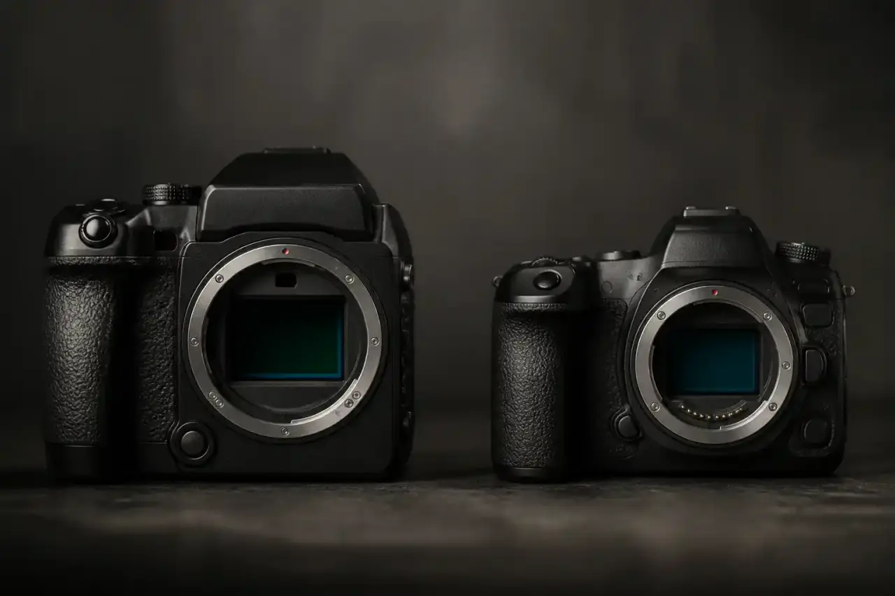 Comparaison entre boîtier moyen format et plein format dans un studio photo minimaliste