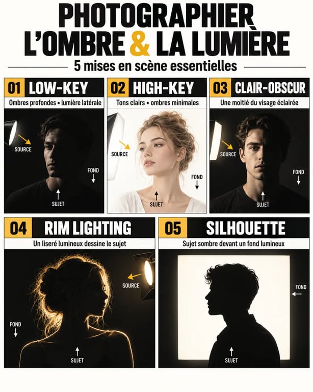 Infographie des techniques de photographie ombre et lumière : low-key, high-key, clair-obscur, rim lighting et silhouette