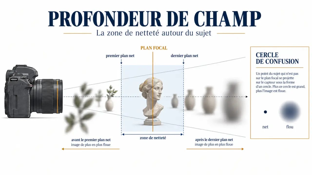 Schéma explicatif de la profondeur de champ en photographie avec plan focal et zone nette
