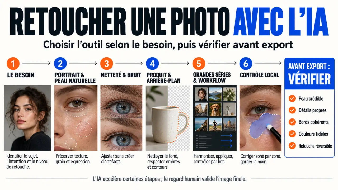 Infographie best ai retouch photo : choisir un outil IA selon le portrait, l’amélioration, le produit ou le traitement par lots
