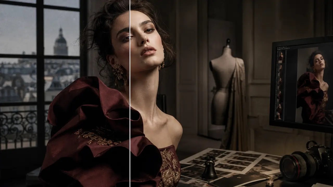 Portrait haute couture en noir et blanc avec grain argentique et contrastes marqués