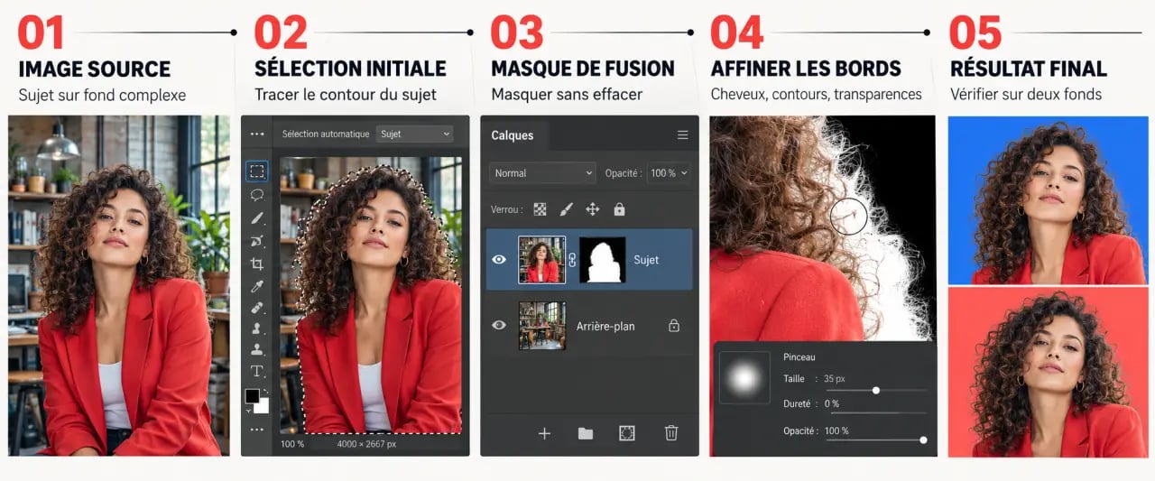 Étapes pour détourer une image dans Photoshop avec sélection, masque de fusion et contrôle des contours