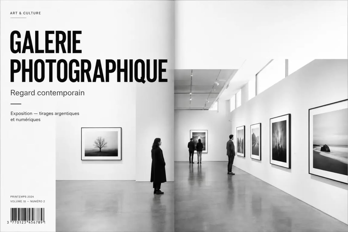 Photographe art contemporain dans une galerie d’exposition avec grands tirages muraux