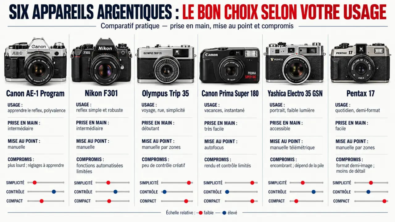 Infographie comparative pour choisir le meilleur appareil photo argentique selon son usage