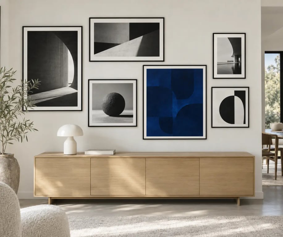 Composition murale d’affiches noires et blanches avec une affiche colorée