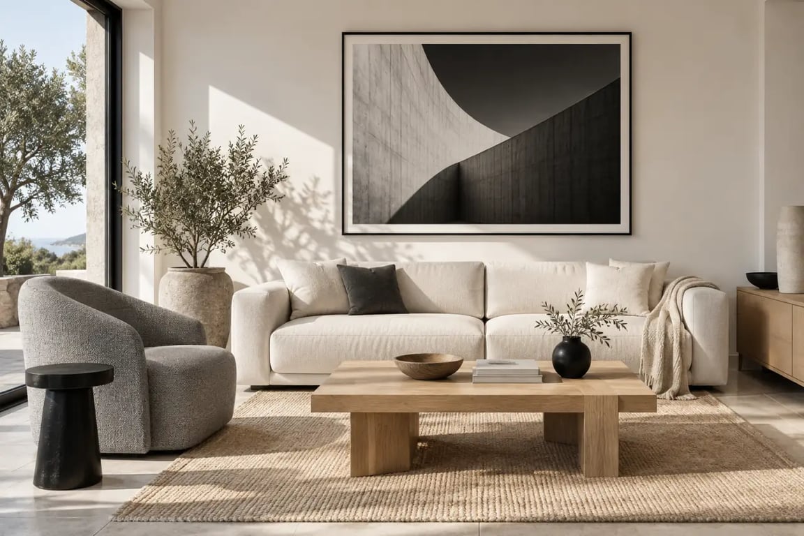 Affiche noire et blanc de photographie d’architecture dans un salon moderne