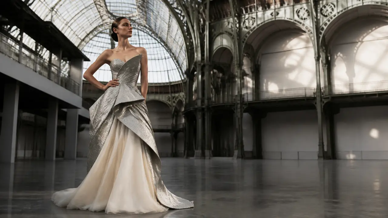 Shooting haute couture sous verrière à Paris, ambiance contrastée et élégante