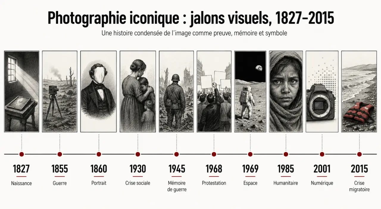 Photographie iconique en frise chronologique des grandes images marquantes de 1827 à 2015