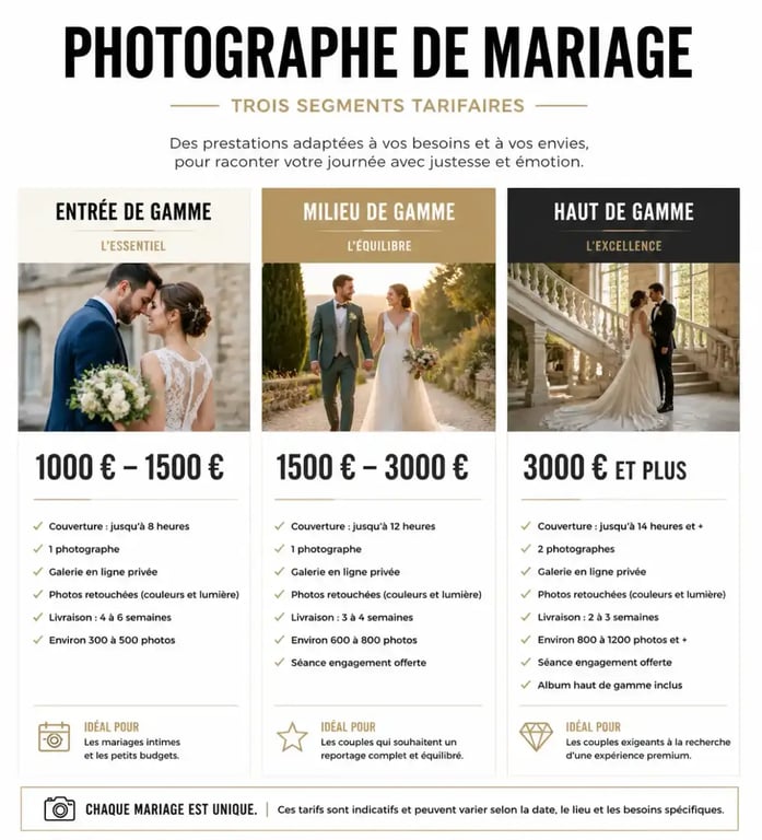 Infographie des tarifs photographe mariage : comparaison des segments de prix et services associés.