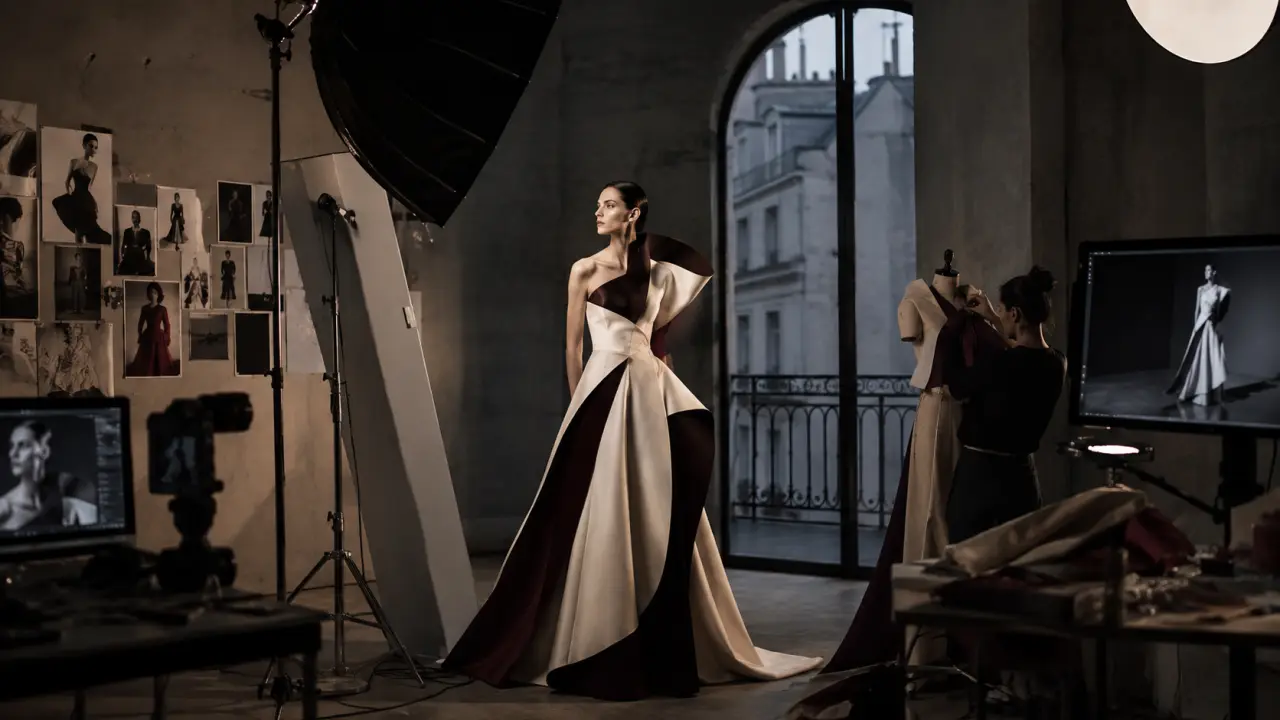 Photographie noir et blanc haute couture, jeu d'ombres et de lumières contrasté sur un visage androgyne