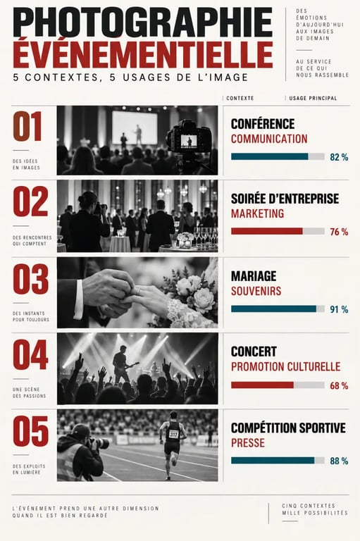 Infographie éditoriale sur la photographie événementielle selon les types d’événements et les usages des images